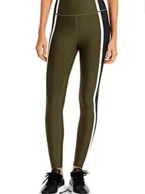 Aqua Olive High-Waist Leggings with Black and White Side Stripes. Size M